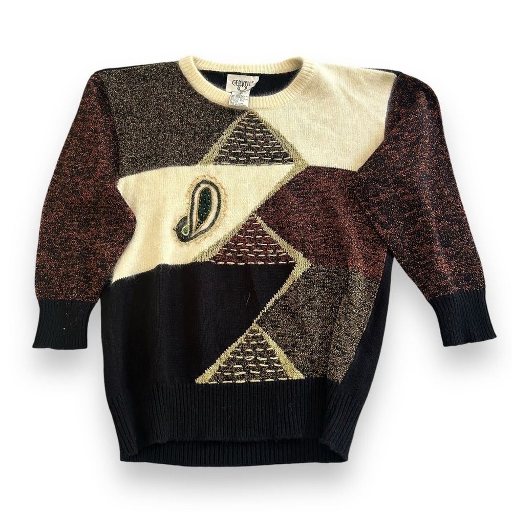 Vintage 80s 90s Cervelle Metallic Patchwork Sweater Angora Rabbit Wool Blend S